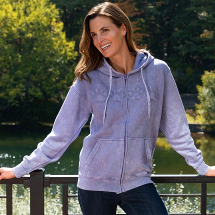 Paw Print Applique Acid Wash Zip Hoodie