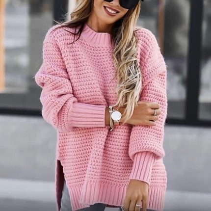 Women's Sweater Fashion Casual Pure Color Ribbed Crew Neck Mock Neck Knitted Long Sleeve Regular Tops Knit Outdoor Daily Weekend Black Pink Fall Winter
        #14602501