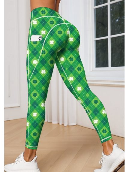 St. Patrick Women's pilates leggings fitness pants Gym Leggings Pockets Stamp Duty Side Pockets Pilates Gym Gym Workout Tights Leggings Bottoms Clover Green Sports Activewear High Elasticity Tight Fit
        #15841257