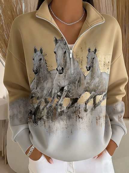 Women's Pullover Sweatshirt Graphic Animal Casual Long Sleeve Half Zip Regular Tops Casual Dailywear Holiday Zipper Blue Pink khaki Fall
        #12962840