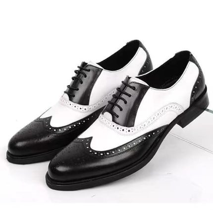Men's Black and White Brogue Oxford Shoes with Wingtip Design, Perforated Detailing for Formal Events and Parties Weddings
        #9720952