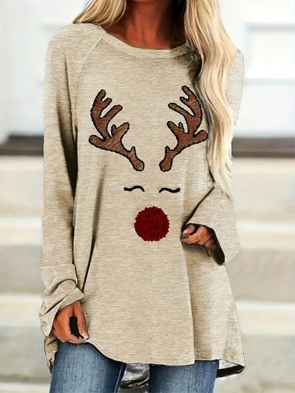 Women's T shirt Long Sleeve Tunic Top Reindeer Print Long Sleeve Round Neck Beige Casual Holiday Festive Apparel Plus Size Comfort Fit Prefall
        #10604584