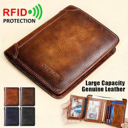 Men's Large Capacity RFID Blocking Cowhide Leather Wallet – Bifold ID Card Holder with Security Protection
        #9596878