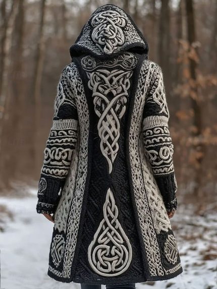 Women's Cardigan Daily Casual Graphic Geometric Ribbed Hooded Patchwork Pocket Buttons Long Sleeve Long Tops Knit Outdoor Weekend Black Fall Winter
        #15341929