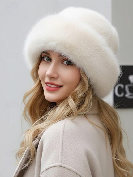 Women's Faux Fur Winter Beret Hats, Soft Fluffy Warm Vintage Style Caps, Elegant Multi-Color Beanies for Christmas Outfits & Cold Weather
#18273505