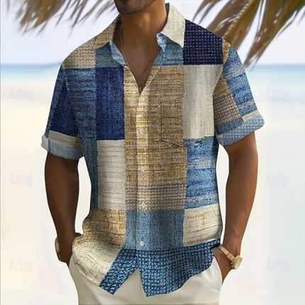 Men's Geometric Color Block Patchwork Shirt Button Up Shirt Short Sleeve Fashion Casual Vacation Holiday Streetwear Summer Turndown 3D Print Collared Shirts Front One Pocket Dark Yellow Blue Brown
        #17872363
