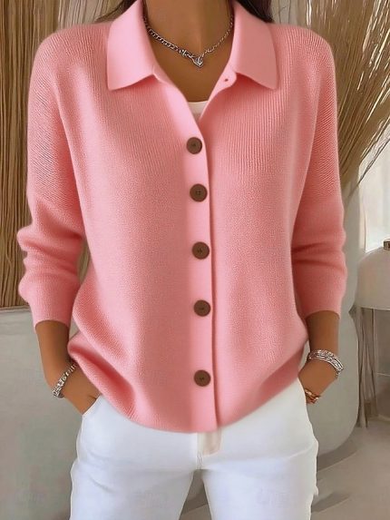 Women's Sweater Elegant Casual Soft Pure Color Ribbed Shirt Collar Knitted Long Sleeve Regular Tops Knit Outdoor Daily Weekend Black White Spring Fall
        #15913241