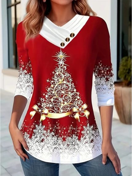 Christmas Women's T Shirt Graphic Claus Vintage Stylish Classic Long Sleeve Crew Neck V Neck Regular Tops Daily Buttons Print Asymmetrical Black Red Blue Green Spring Fall Winter
#18292499
