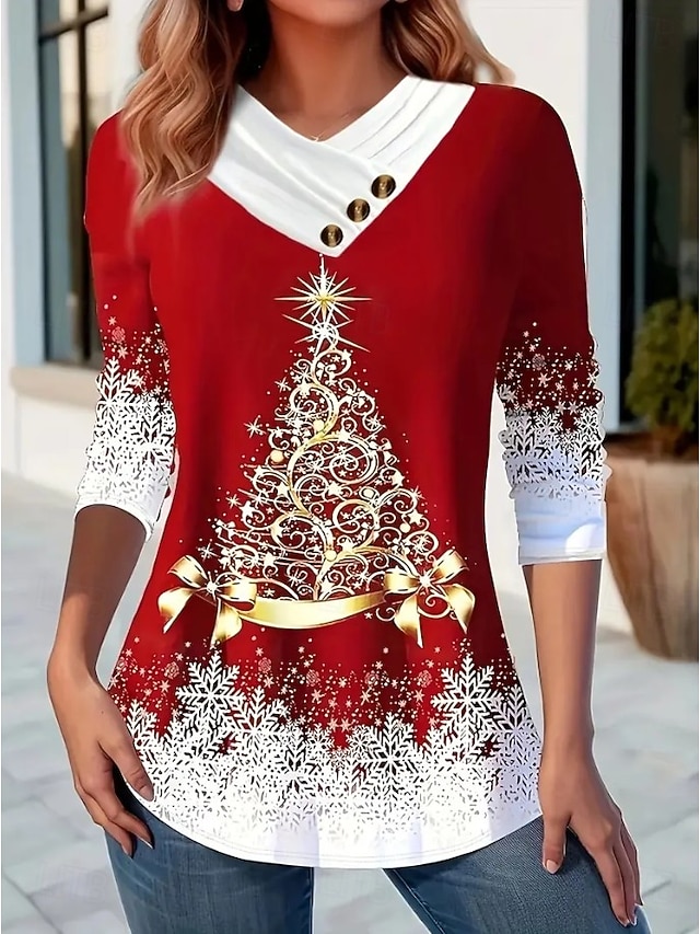 Christmas Women's T Shirt Graphic Claus Vintage Stylish Classic Long Sleeve Crew Neck V Neck Regular Tops Daily Buttons Print Asymmetrical Black Red Blue Green Spring Fall Winter
#18292499